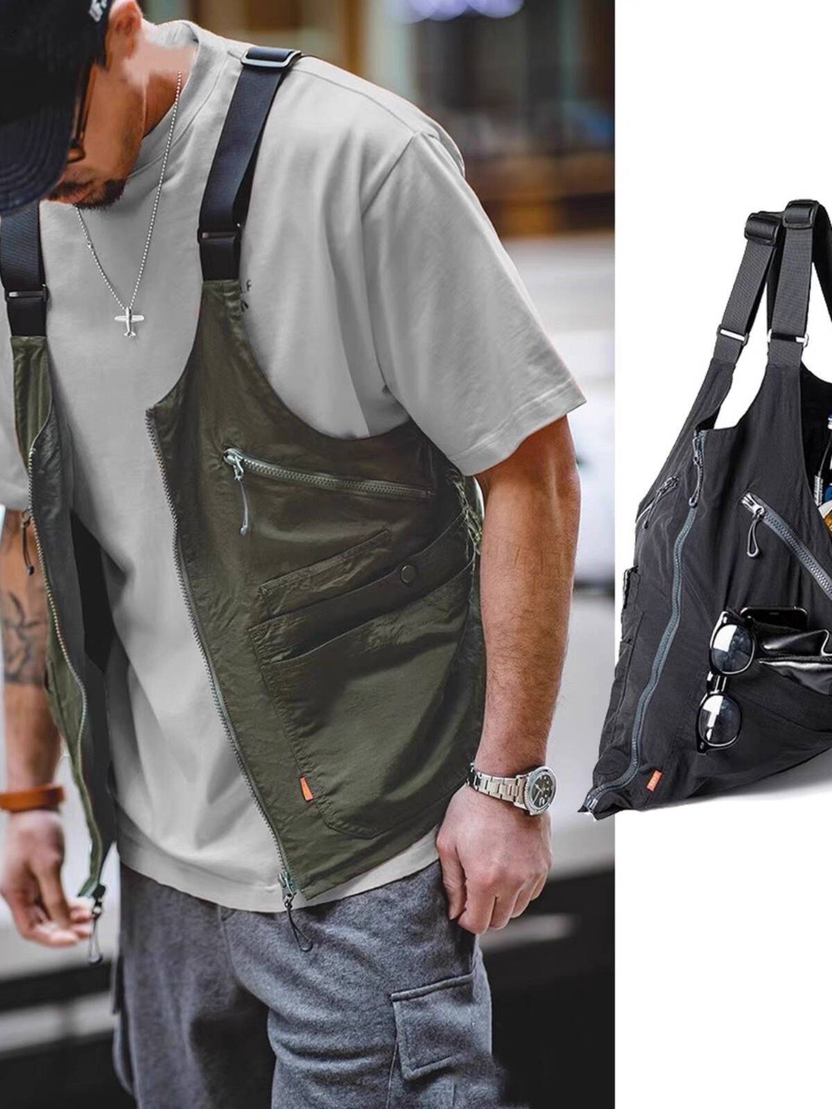 Haori Japanese Jacket - Gilet Cargo Funzionale Retrò da Uomo,